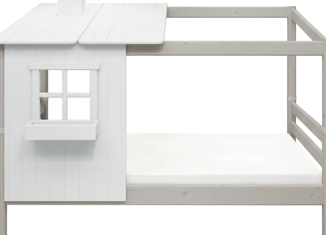 FLEXA Classic Einzelbett mit halbem Baumhaus Aufsatz grau lasiert/weiß