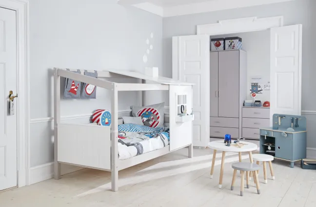 FLEXA Classic Einzelbett mit halbem Baumhaus Aufsatz grau lasiert/weiß
