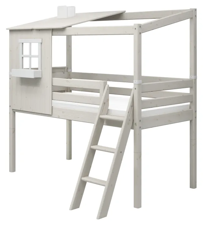 FLEXA Classic halbhohes Bett mit halbem Baumhaus Aufsatz weiß lasiert/weiß