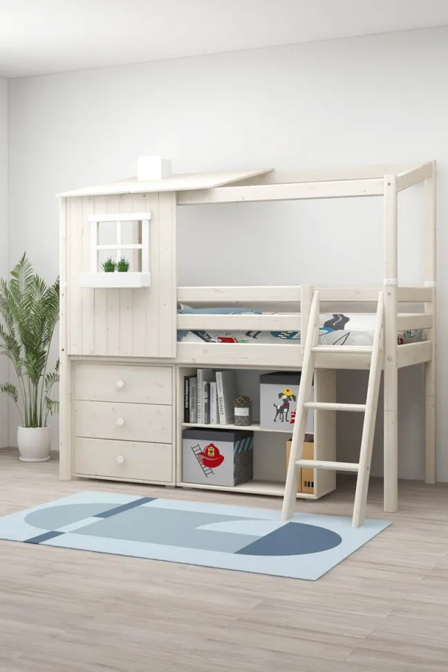 FLEXA Classic halbhohes Bett mit halbem Baumhaus Aufsatz weiß lasiert/weiß