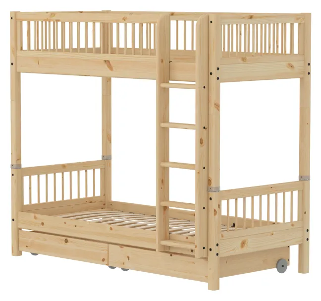 FLEXA RAW Classic hohes Etagenbett 90x200 cm mit Streben Absturzsicherung und Schubladen natur