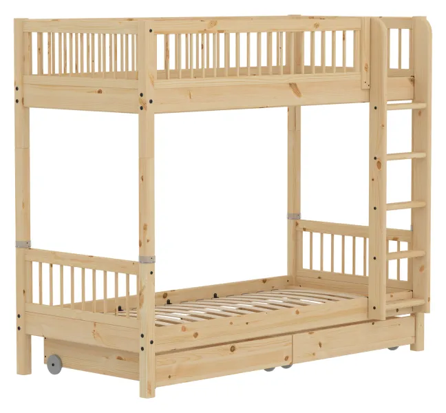 FLEXA RAW Classic hohes Etagenbett 90x200 cm mit Streben Absturzsicherung und Schubladen natur