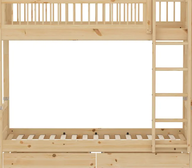 FLEXA RAW Classic hohes Etagenbett 90x200 cm mit Streben Absturzsicherung und Schubladen natur