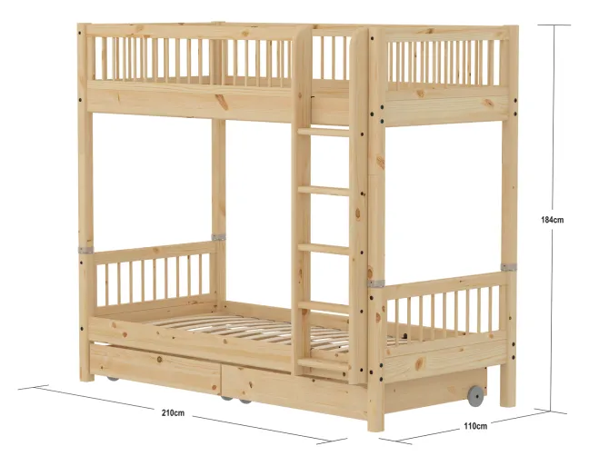 FLEXA RAW Classic hohes Etagenbett 90x200 cm mit Streben Absturzsicherung und Schubladen natur
