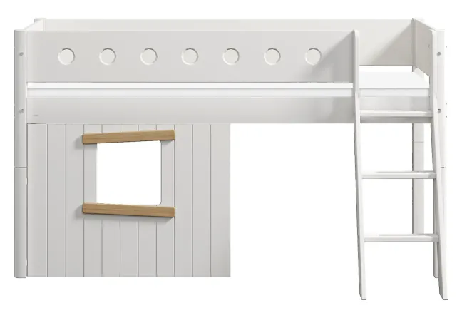 FLEXA White halbhohes Bett mit Schrägleiter und Baumhaus Panelen weiß/Eiche