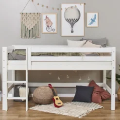 Hoppekids ECO Luxury Halbhochbett 90x200cm mit Rollrost und gerader Leiter weiß