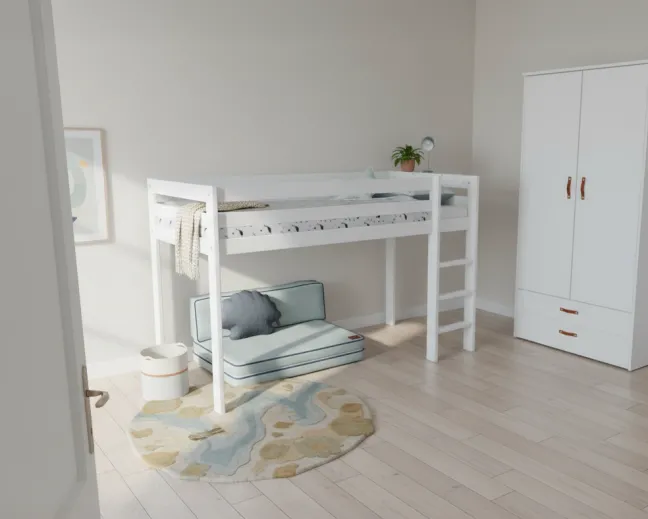 Lifetime Elements halbhohes Bett 90x200cm mit Rollboden weiß