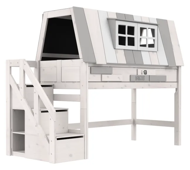 Lifetime Hangout Hochbett 152cm 90x200cm mit Rollboden und Treppe whitewash