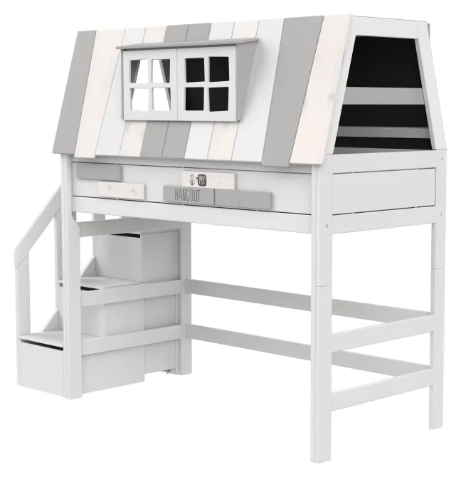 Lifetime Hangout Hochbett 152cm 90x200cm mit Rollboden und Treppe weiß lackiert