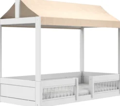 Lifetime Montessori Bett 90x200cm mit Dachaufsatz und Absturzsicherung weiß lackiert inkl. Himmel Essence peach