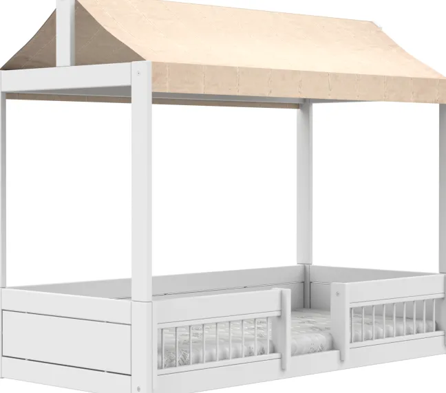 Lifetime Montessori Bett 90x200cm mit Dachaufsatz und Absturzsicherung weiß lackiert inkl. Himmel Essence peach
