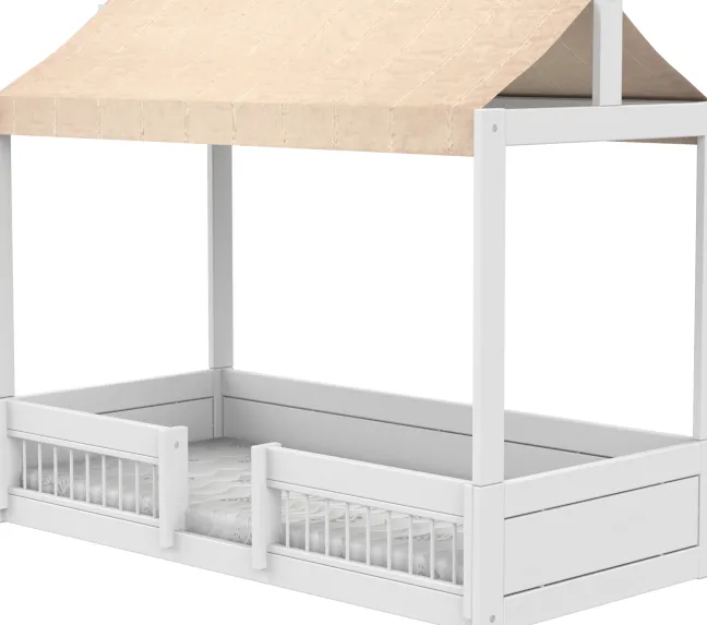 Lifetime Montessori Bett 90x200cm mit Dachaufsatz und Absturzsicherung weiß lackiert inkl. Himmel Essence peach