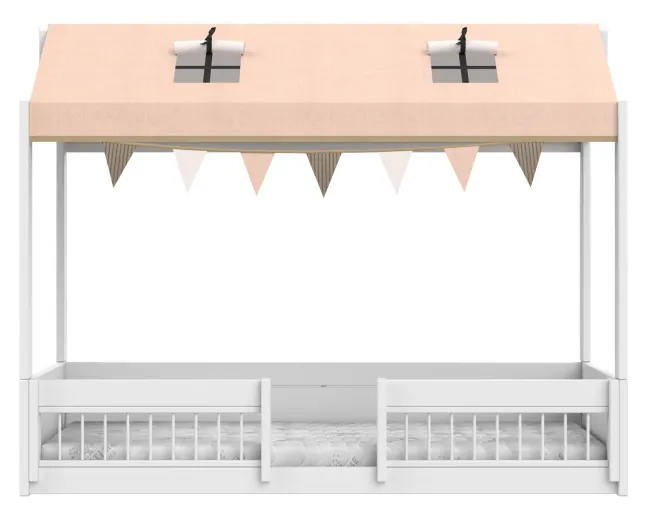 Lifetime Montessori Bett 90x200cm mit Dachaufsatz und Absturzsicherung weiß lackiert inkl. Himmel Happy Rabbit