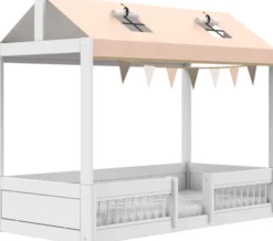 Lifetime Montessori Bett 90x200cm mit Dachaufsatz und Absturzsicherung weiß lackiert inkl. Himmel Happy Rabbit