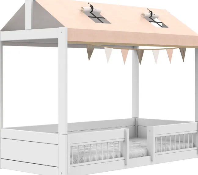 Lifetime Montessori Bett 90x200cm mit Dachaufsatz und Absturzsicherung weiß lackiert inkl. Himmel Happy Rabbit