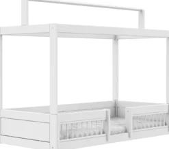 Lifetime Montessori Bett 90x200cm mit Dachaufsatz weiß lackiert inkl. Himmel & Stoffrückwand Panda Paradise