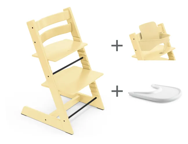 STOKKE® Mega Set Tripp Trapp® Buche Lemon Yellow + Babyset² Lemon Yellow + Tray Tisch weiß
