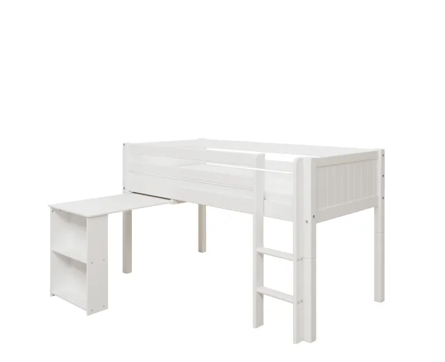 THUKA Nordic halbhohes Bett Romantic mit gerader Leiter und ausziehbarem Schreibtisch weiß