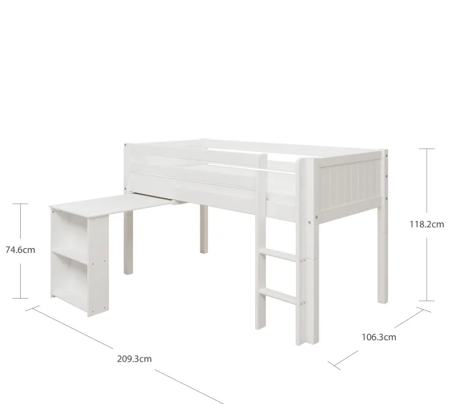 THUKA Nordic halbhohes Bett Romantic mit gerader Leiter und ausziehbarem Schreibtisch weiß