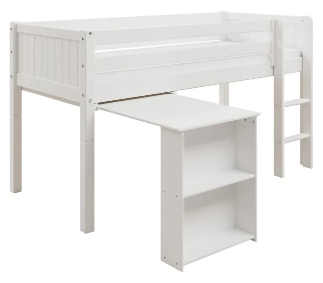 THUKA Nordic halbhohes Bett Romantic mit gerader Leiter und ausziehbarem Schreibtisch weiß